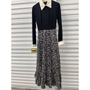 Victor Costa Black and White Floral Long Sleeve Dress
